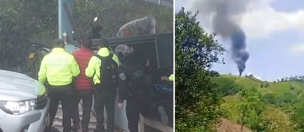 Poliser griper en man och rök stiger från en attack mot en helikopter.