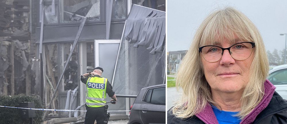 Polis framför söndersprängd fasad. Kvinna tittar in i kameran i separat bild.