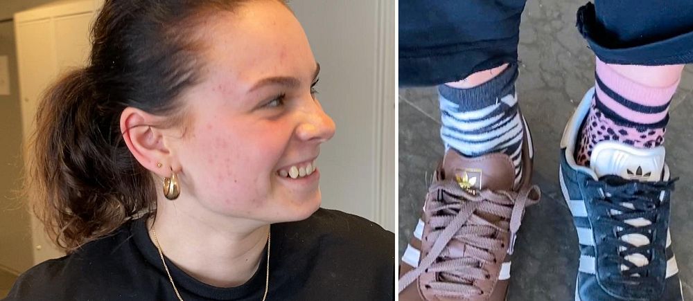 Tvådelad bild. Vänster: Person med hästsvans och örhänge. Höger: Två fötter med olika skor.