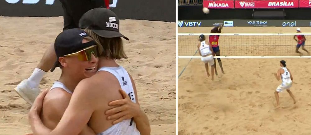 Tvådelad bild. Vänster: strandvolleyspelare kramas. Höger: spelare i match på sandplan.