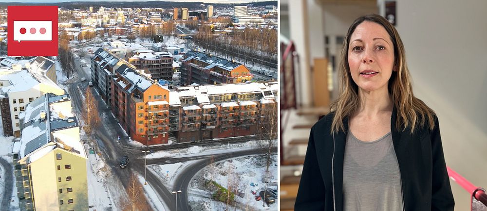 En drönarbild över ett bostadsområde med lägenheter och docenten Madeleine Eriksson.