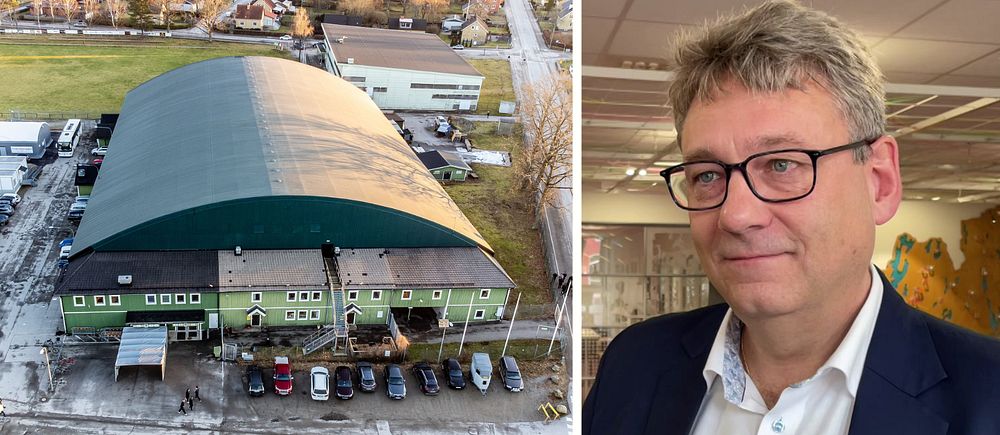 Tvådelad bild. Vänster: Grön industribyggnad med parkeringsplats. Höger: En man i kostym.