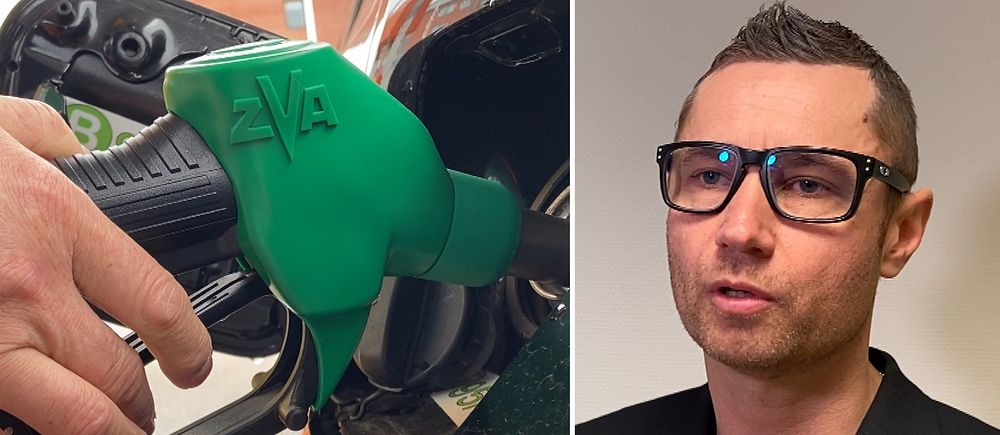 Tvådelad bild. Till vänster: hand håller i grön bensinpump.