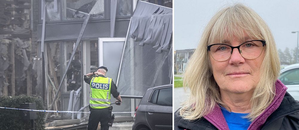 Polis framför söndersprängd fasad. Kvinna tittar in i kameran i separat bild.