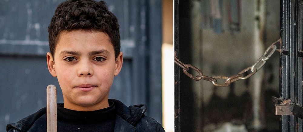 Tvådelad bild. Vänster: person håller i ett föremål. Höger: dörren är låst med en kedja.