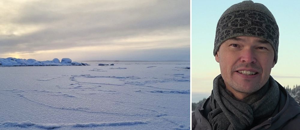 Till vänster är en bild på att det lagt is på Storsjöflaket. Till höger en bild på isbevakaren Andreas Gyllenhammar som står utomhus på vintern.