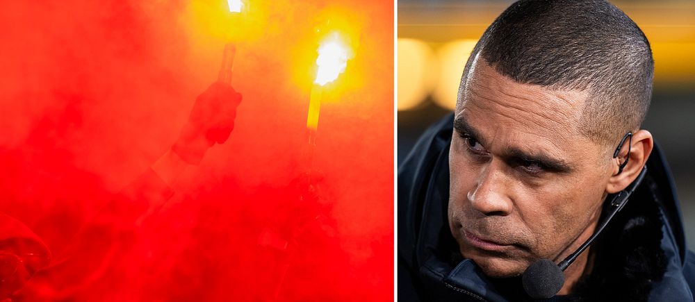 Delad bild. Till vänster: kraftig rök och bengaliska eldar. Till höger: person i mörka kläder.