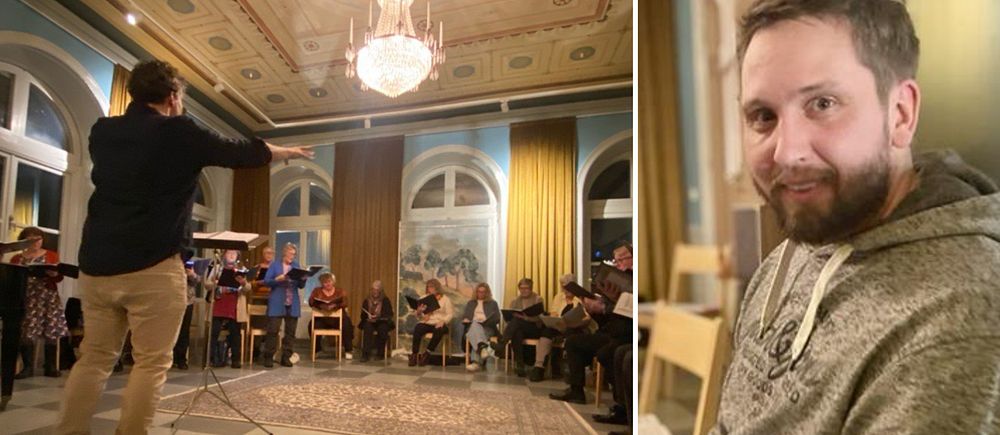 Tvådelad bild. Vänster: man talar inför publik i elegant sal.