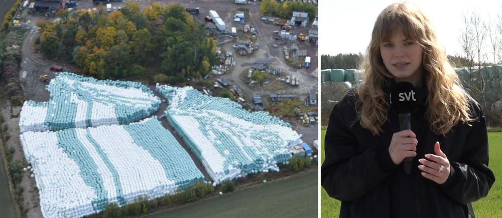 Delad bild. Till vänster: stora högar med plastbalar på fält. Till höger: reporter med SVT-mikrofon.