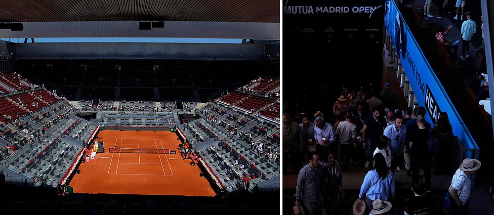 Delad bild. Till vänster: tom tennisarena. Till höger: folk lämnar arenan i mörker.