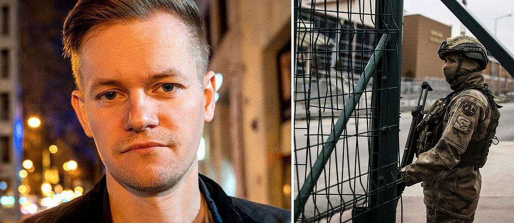 Delad bild. Till vänster: person utomhus i stadsmiljö. Till höger: soldat vid inhängnat område.
