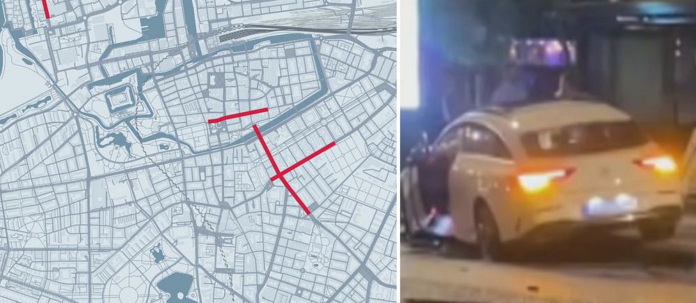 Delad bild. Till vänster: stadskarta med röda markeringar. Till höger: gul taxi vid polisinsats.