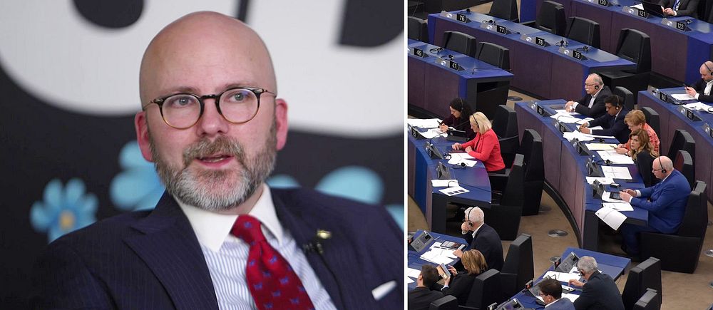 En man med glasögon och en blå kostym och EU-parlamentet