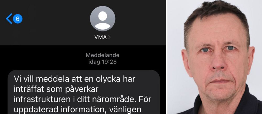 Sms med falskt VMA där den som läser uppmanas klicka på ett nummer samt porträttbild på polisens presstalesperson Johnny Gustafsson
