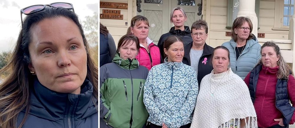 Delad bild – till vänster en kvinna med brunt hår och mörkblå jacka, till höger flera kvinnor som arbetar som undersköterskor inom hemtjänst- och äldrevården i Älvdalen