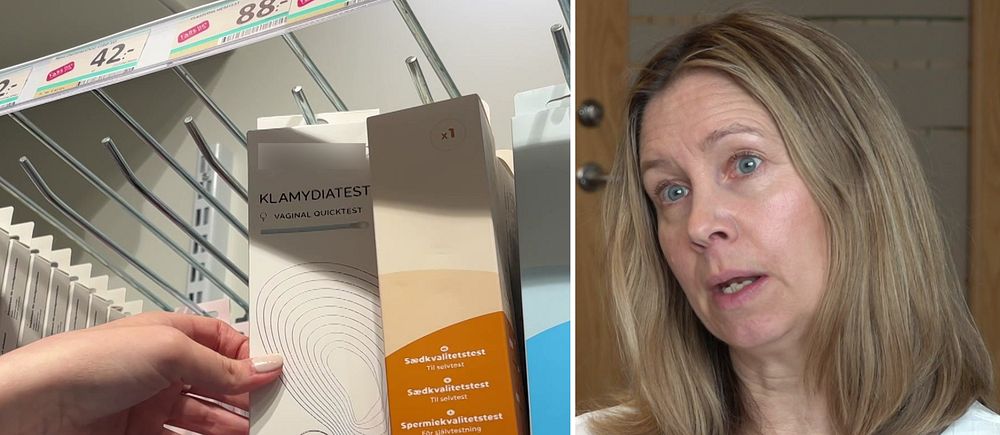 Tvådelad bild. Vänster: hand håller paket med klamydiatest i affär.