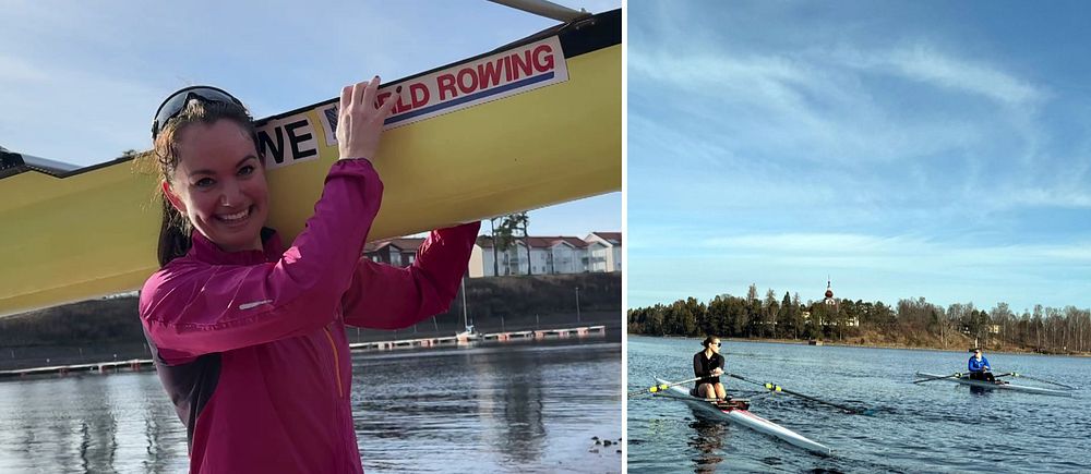 Tvådelad bild. Vänster: Person bär roddbåt vid strand. Höger: Roddare på sjön i soligt väder.