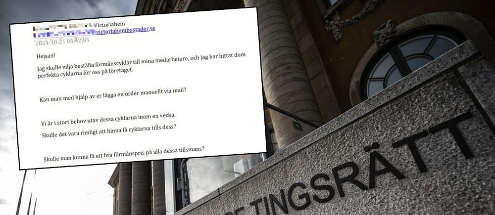 Utdrag ur polisens förundersökning inklippt på bild på Blekinge tingsrätts fasad