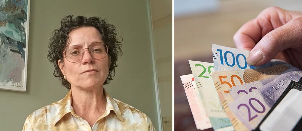 Person i mönstrad skjorta samt hand som håller svenska sedlar vid plånbok.