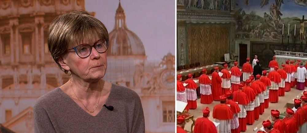 Delad bild. Vänster: person intervjuas. Höger: kardinaler i röda skrudar samlade i ett kyrkorum.