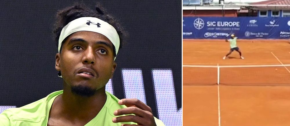 Tvådelad bild. Vänster: Tennisspelare i limegrön tröja. Höger: Spelare på grusplan.