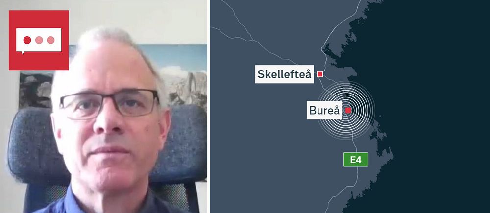 Karta över jordskalvet vid Bureå, och en bild på Björn Lund, seismolog vid Uppsala universitet, om jordskalvet söder om Skellefteå.