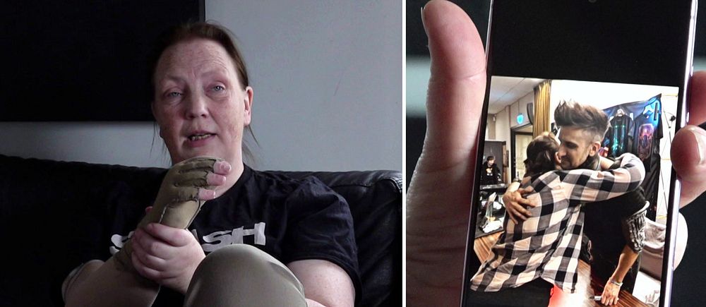Delad bild. Vänster: person i soffan. Höger: hand håller mobil med foto på två personer som kramas.