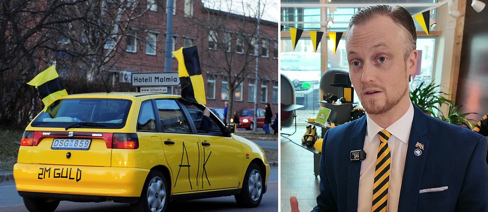 Delad bild. En gul bil med gulsvarta Skellefteå AIK-flaggor och text på. Moderata politikern Andreas Löwenhöök iklädd svartgul slips och kavaj.