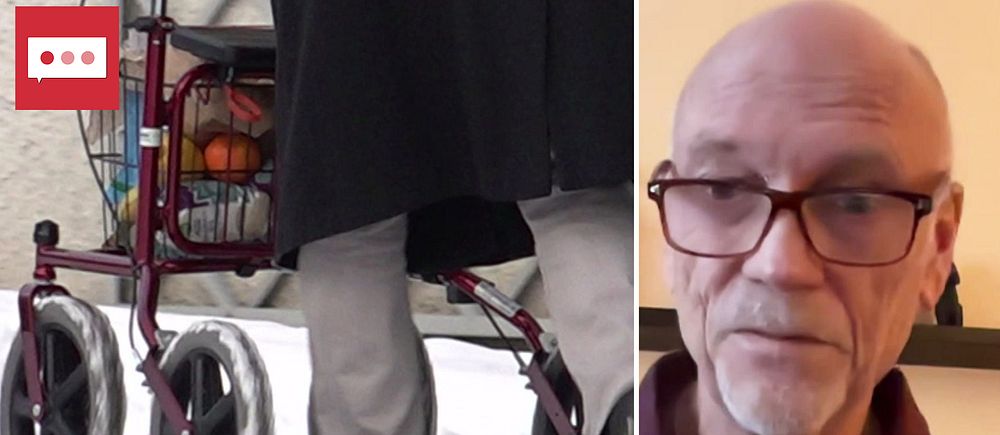 Till vänster närbild på person med rullator. Till höger professor Bengt Brülde.