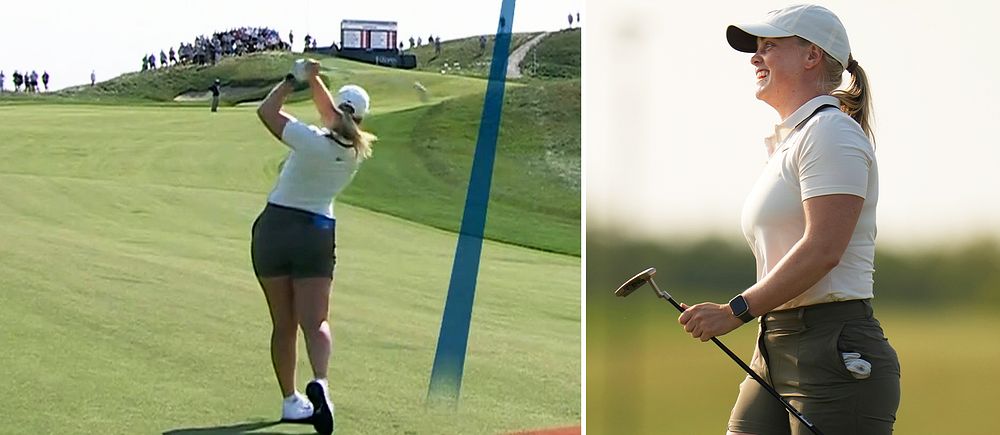 Kvinnlig golfspelare slår ut på banan och ler med klubba i handen.