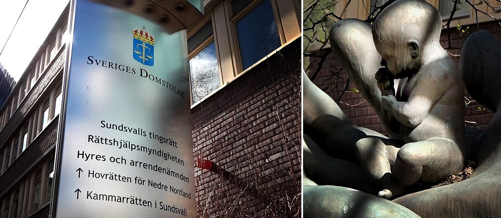 skylt utanför tingsrätten, konstverk med litet barn.