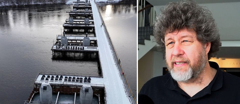 Tvådelad bild. Till vänster: En snöklädd ofärdig Karlgårdsbro. Brofästena sticker upp från marken. Till höger: Närbild på Hans Brettschneider som står inuti Nordanåteatern i Skellefteå.