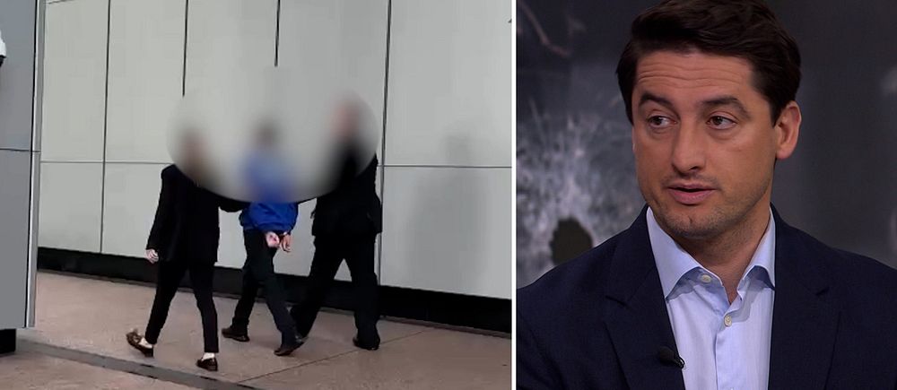 Tvådelad bild. Till vänster: två personer eskorterar en tredje person. Till höger: man i mörk kostym.
