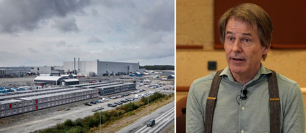 Tvådelad bild. Vänster: industriområde med molnig himmel. Höger: person gestikulerar under intervju.