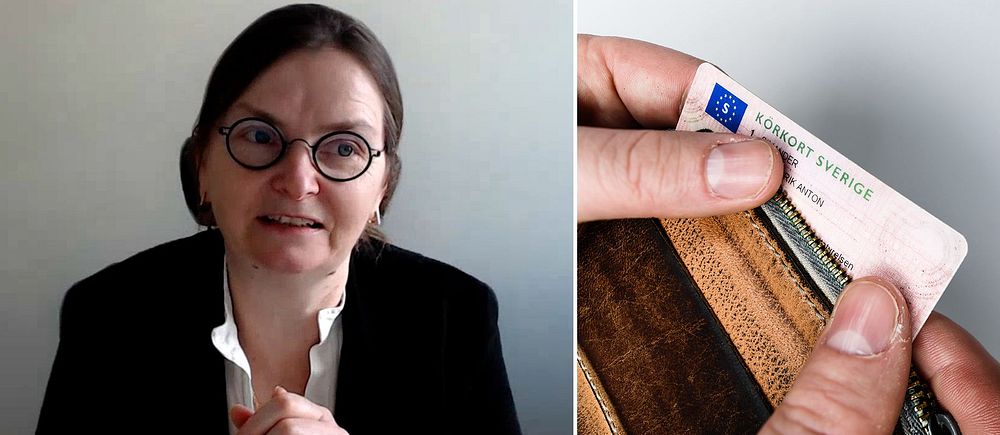 Delad bild. Vänster: person i kavaj med knäppta händer. Höger: hand tar ut körkort ur plånbok.