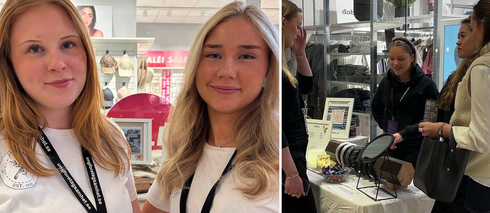 Tvådelad bild. Vänster: två personer med företagsbrickor. Höger: grupp vid ett försäljningsbord.