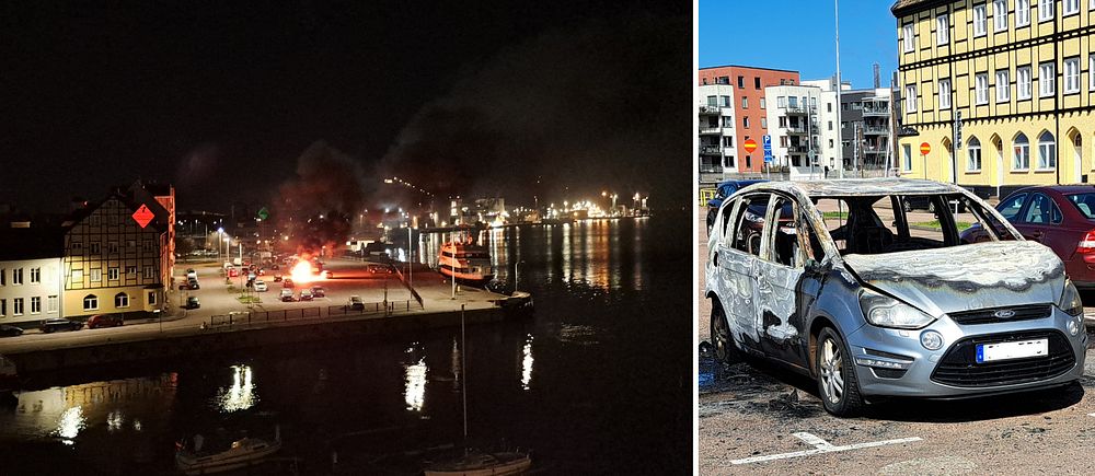 Bilder på bilen som brann i hamnen till vänster, bild på den uppbrända bilen dagen efter till höger.