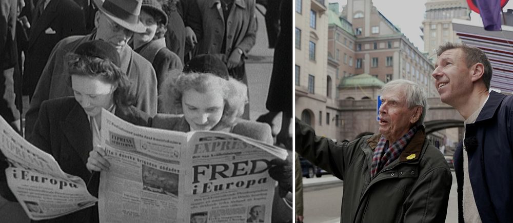Två bilder. Till vänster: arkivbild på en kvinna som håller en tidning, på löpsedeln står det ”FRED”. Till höger Tage Nilsson och reporter Jon Nilsson.