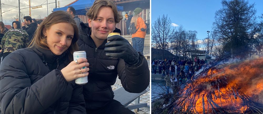 Delad bild. Till vänster: två personer med dryck utomhus. Till höger: valborgseld och folksamling.