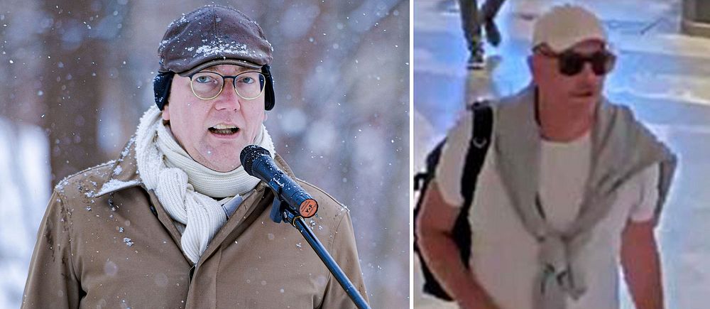 En delad bild som visar två olika scener. Den vänstra sidan visar Gustav Hemming klädd i en brun jacka och vit scarf, omgiven av snöfall i en utomhusmiljö. Den högra sidan visar en annan person som bär en vit t-shirt och beige byxor, med en svart ryggsäck över axeln, gående inomhus i en modern miljö.