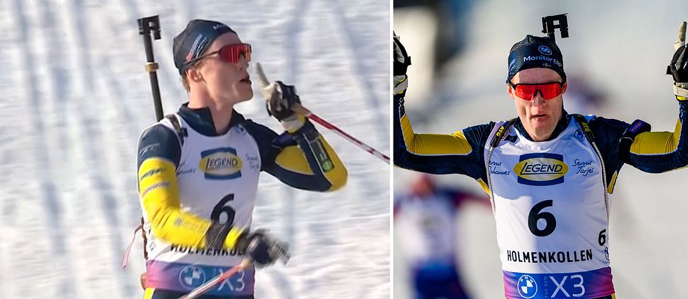 Delad bild. Vänster: Skidskytt på spår med gevär. Höger: Skidskytt firar med gevär.