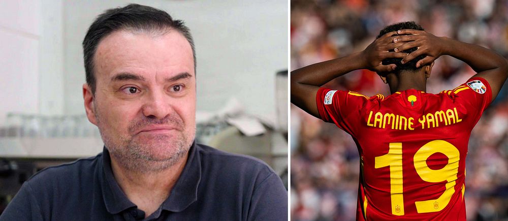 Till vänster sitter en man i en skjorta med en neutral bakgrund, medan höger visar Lamine Yamal i den spanska landslagströjan med nummer 19, som ser ut att fira en prestation på fotbollsplanen.