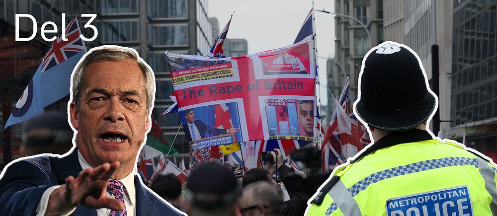 Bild på en inklippt polis och partiledaren för Reform UK Nighel Farage framför en demonstration med brittiska och engelska flaggor.