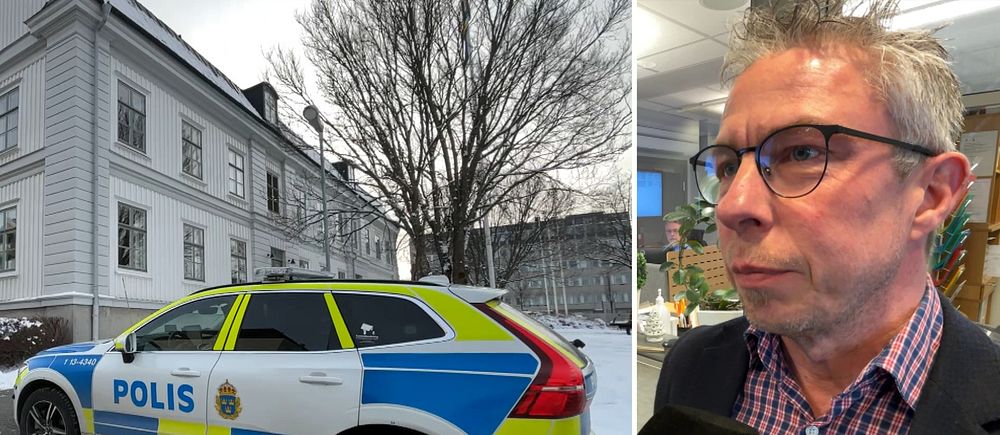 Delad bild. Vänster: polisbil vid en snötäckt byggnad. Höger: man i glasögon i intervjusituation.