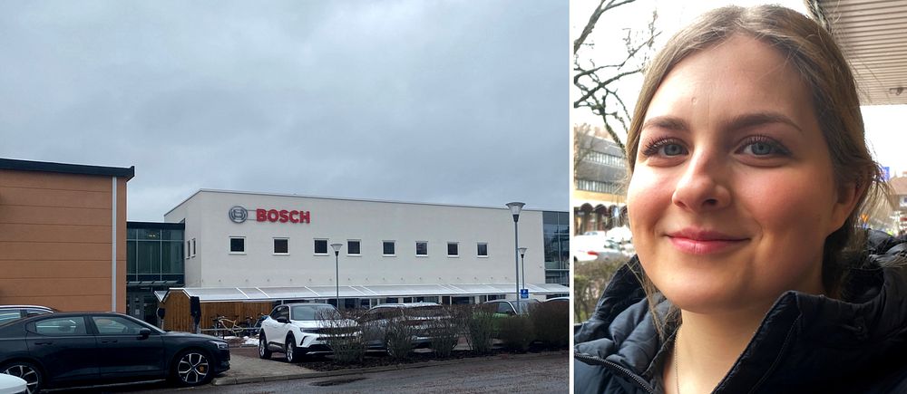Bosch fabriksbyggnad i tranås. Ung ljushårig kvinna i blå täckjacka