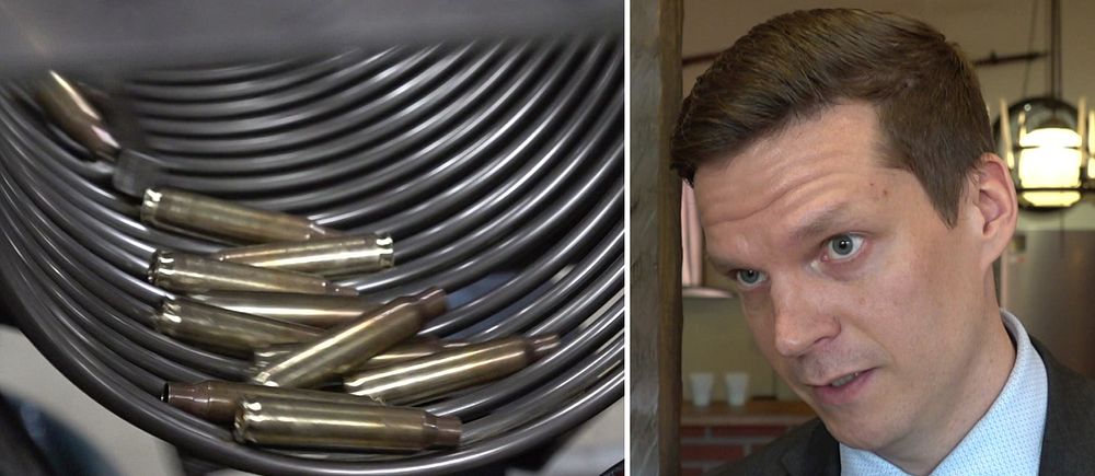 Delad bild. Till vänster ammunition i magasin. Till höger en person i kostym och slips.