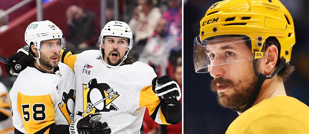 Tredelad bild. Vänster: två ishockeyspelare firar. Höger: ishockeyspelare i gul hjälm.