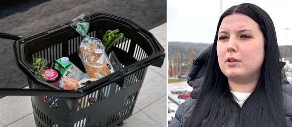 Delad bild. Till vänster: kundkorg med matvaror. Till höger: person utomhus med långt svart hår.