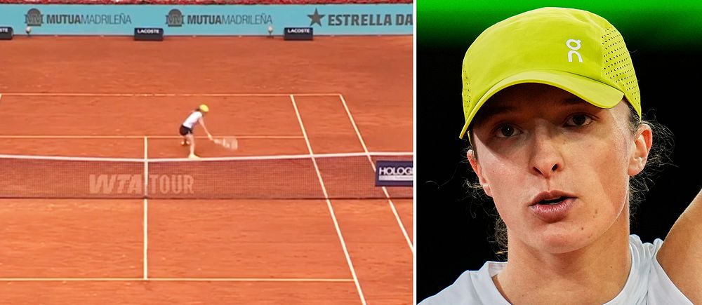 Delad bild. Till vänster: tennismatch på grus. Till höger: spelare i gul keps och vit tröja.