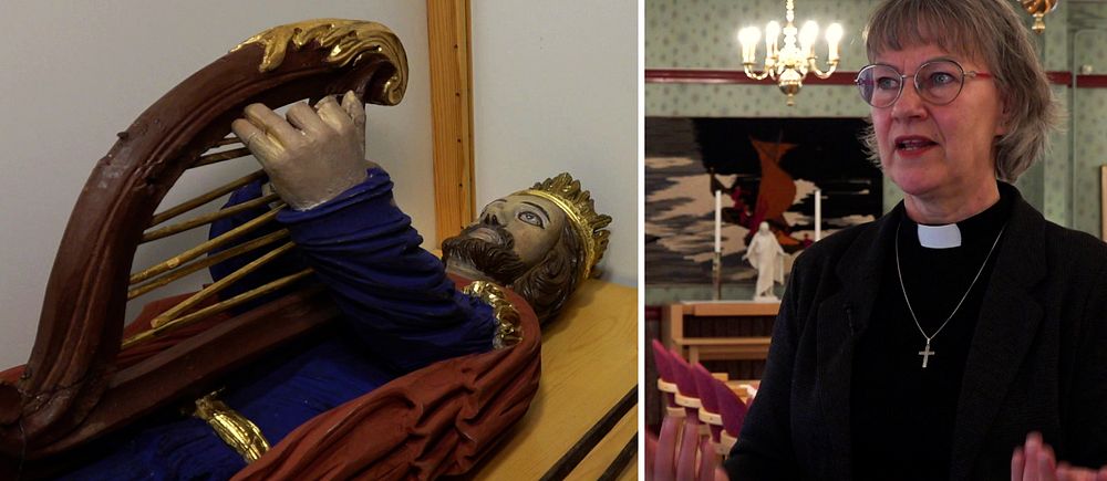 Kung David-figur med harpa bredvid kyrkoherden